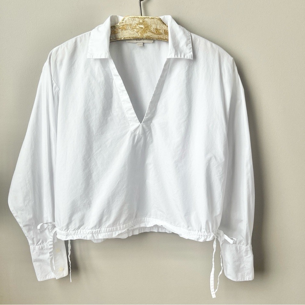 LOFT White V-Neck Drawstring Cotton Pullover Blouse
